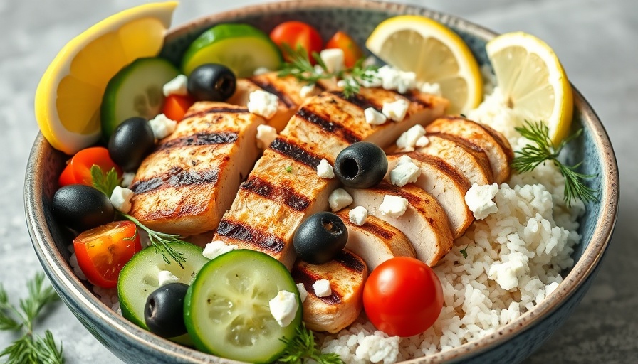 Delicious Greek chicken bowls with feta and fresh ingredients.