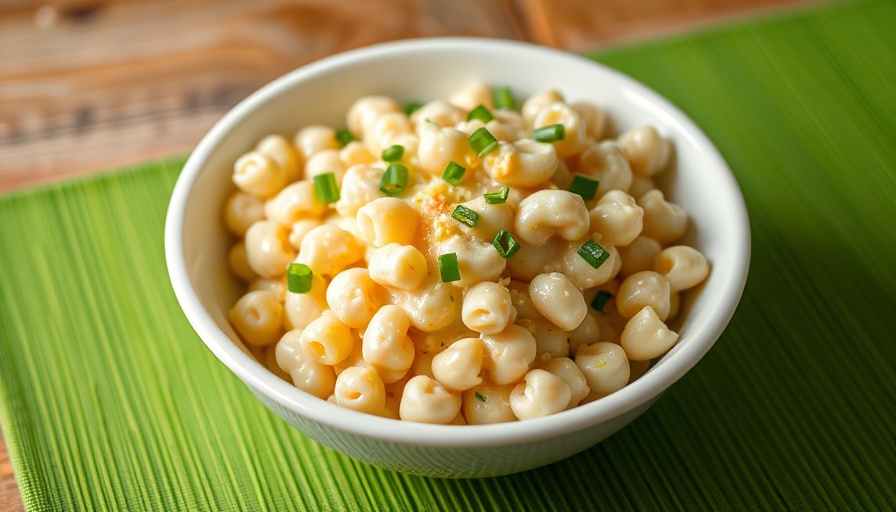 Creamy macaroni salad garnished with green onions, vibrant presentation.