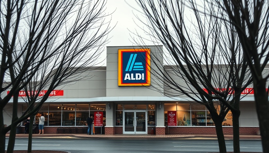 Exterior view of ALDI store surrounded by trees.