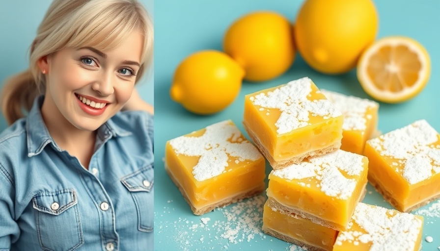 Ina Garten’s Lemon Bars Recipe with powdered sugar and smiling woman.