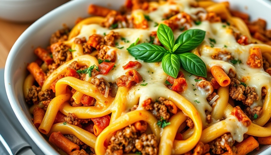 Baked ziti with ground beef, basil garnish, easy recipe dish.