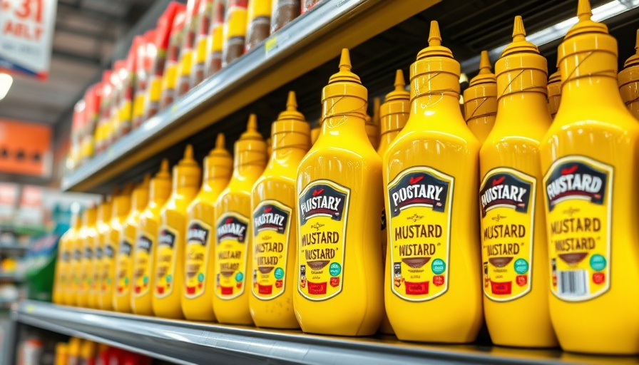 Bright yellow mustard bottles, best way to store mustard, on shelf.