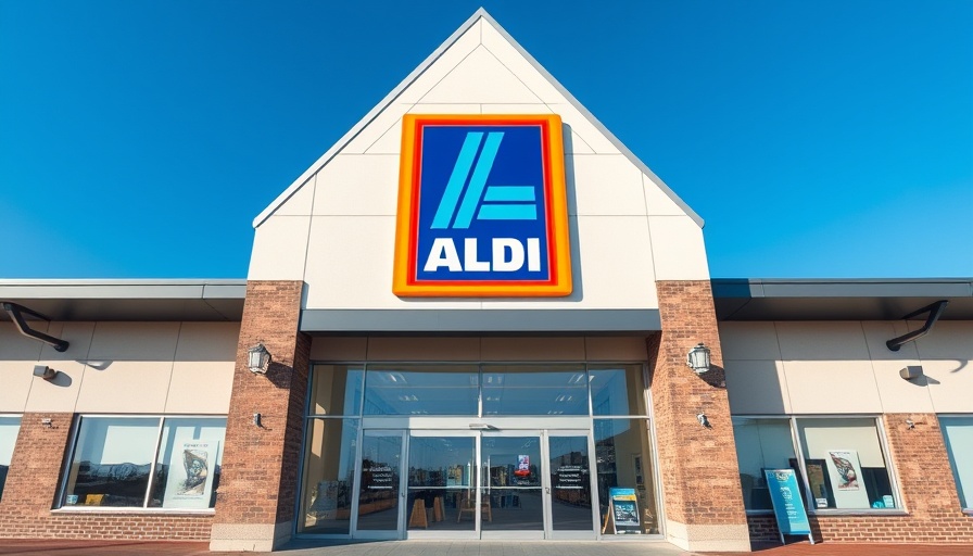 ALDI store entrance with clear sky and logo.