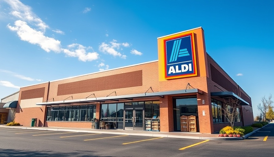 ALDI store with large colorful sign against blue sky.
