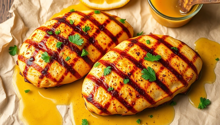 Honey mustard grilled chicken breasts topped with parsley.