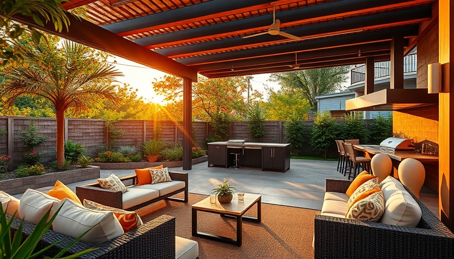 Vibrant outdoor space with modern furniture and ambient lighting.