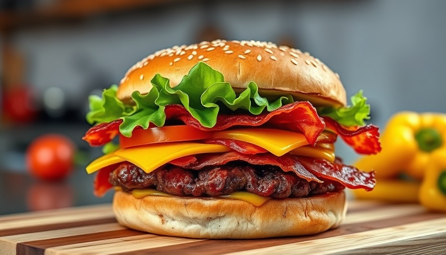 Gourmet burger with butter and toppings on board.