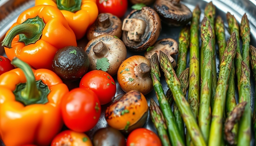 Colorful grilled vegetables recipe with peppers and asparagus on a tray.