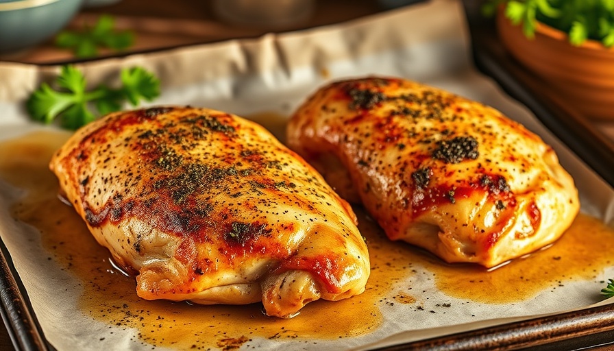 Perfectly baked chicken breasts on a tray, golden and juicy.