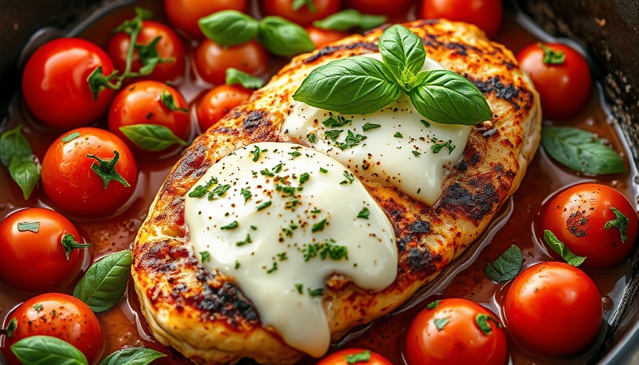 Tasty Chicken Caprese with fresh basil and tomato in skillet.