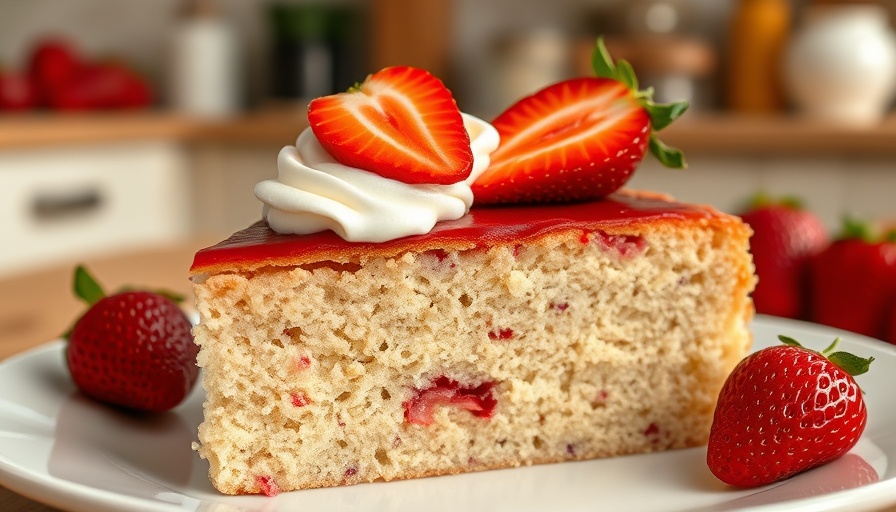 Fresh Strawberry Cake Recipe slice with whipped cream and strawberries.