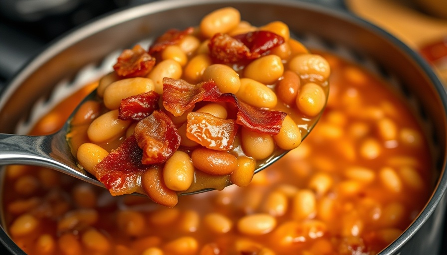 Baked beans recipe with bacon in a pot, close-up view.