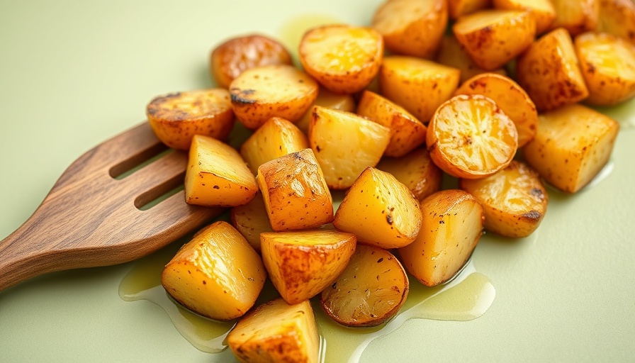 Golden roasted potatoes on green surface, crisp and glistening