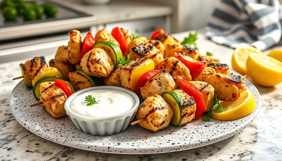 Greek chicken kabobs with vegetables and tzatziki sauce on a platter.