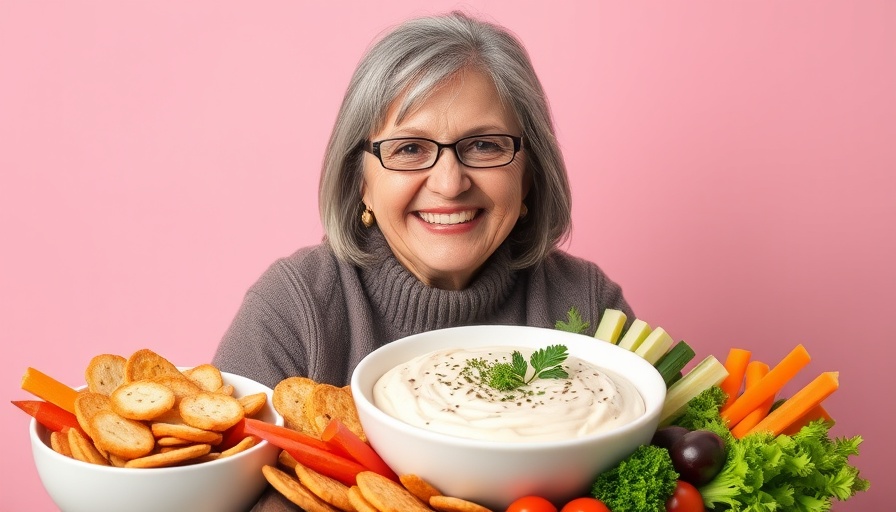 Ina Garten 10-Minute Dip with woman smiling near bowl of dip and veggies.