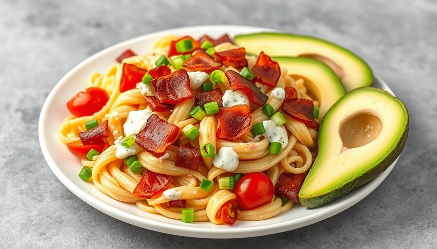 Bacon ranch pasta salad with avocados and cherry tomatoes.