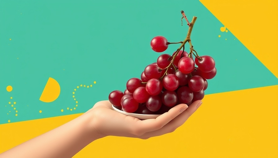 Vibrant image of a hand holding red grapes over a bowl with an abstract background.