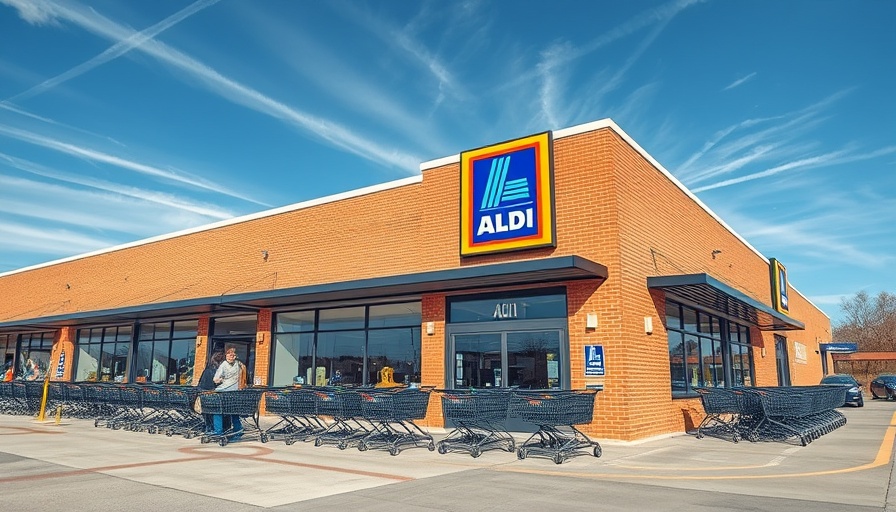 ALDI store exterior on a sunny day with blue sky.