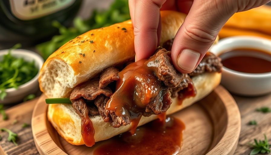 Slow cooker French dip sandwich being dipped in au jus.
