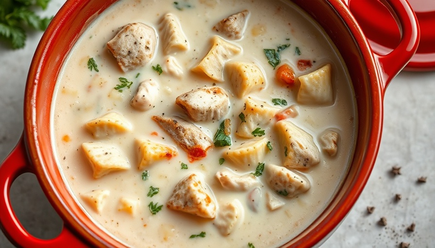 Lighter white lasagna soup in a pot with pasta and herbs.