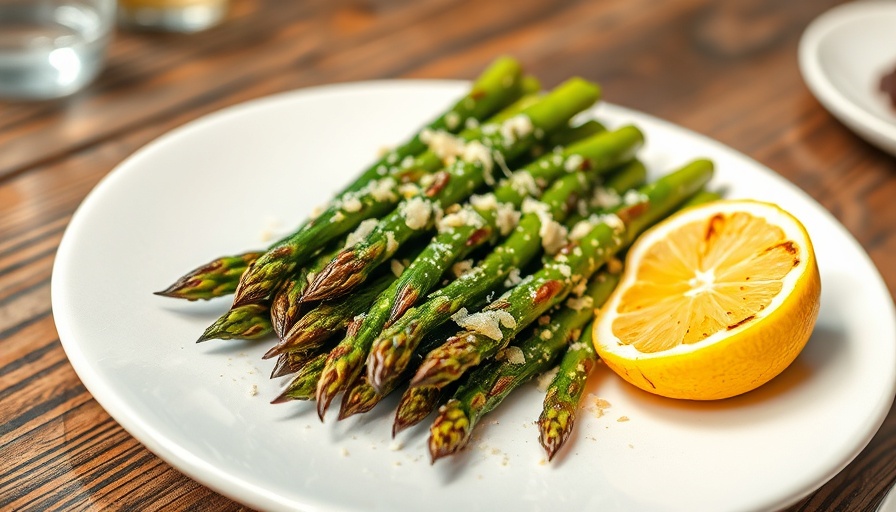 Grilled asparagus recipe with cheese and lemon wedges, vibrant and fresh.