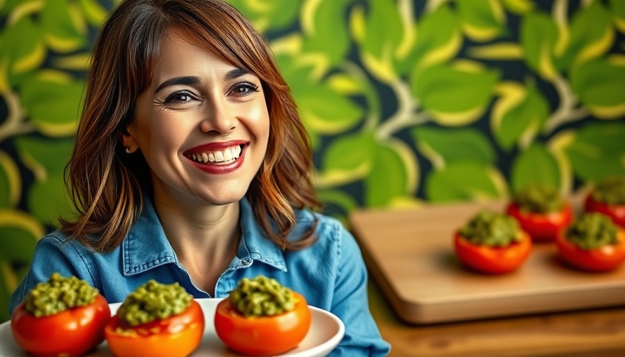 Ina Garten next to her 4-ingredient tomato appetizer, vibrant and fresh.