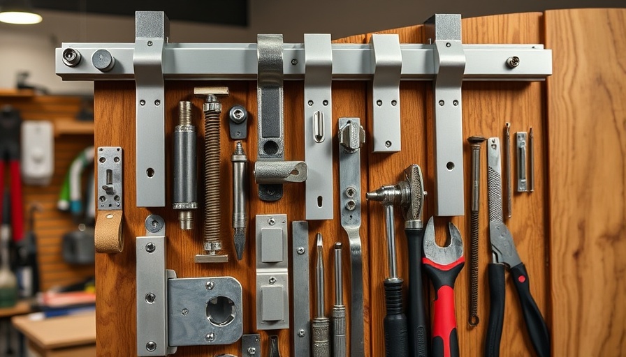 Hardware for sliding folding pocket doors in a workshop.