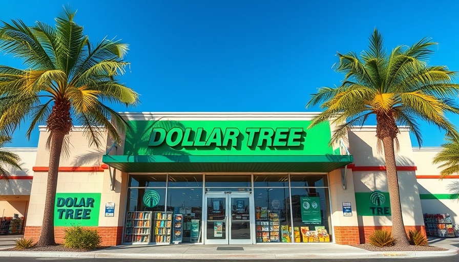 Dollar Tree store entrance with green signage and palm trees.