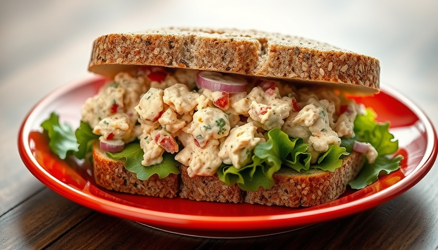 Tasty tuna salad sandwich on red plate, easy recipes for tuna salad.