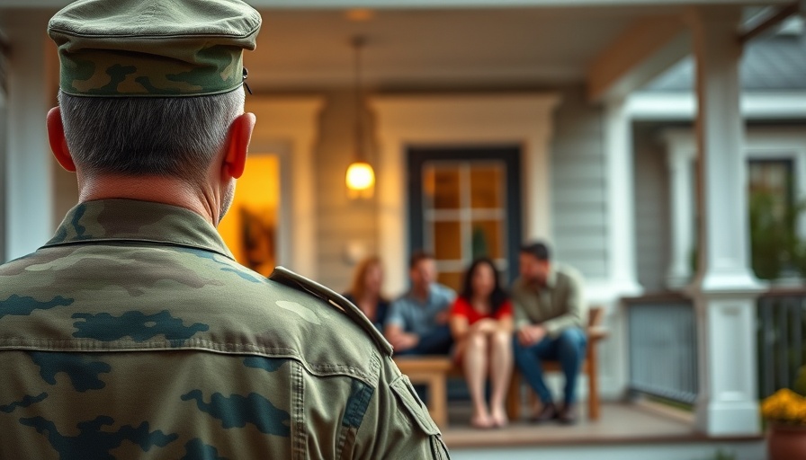 Military person approaching family, symbolizing VA home loan benefits.