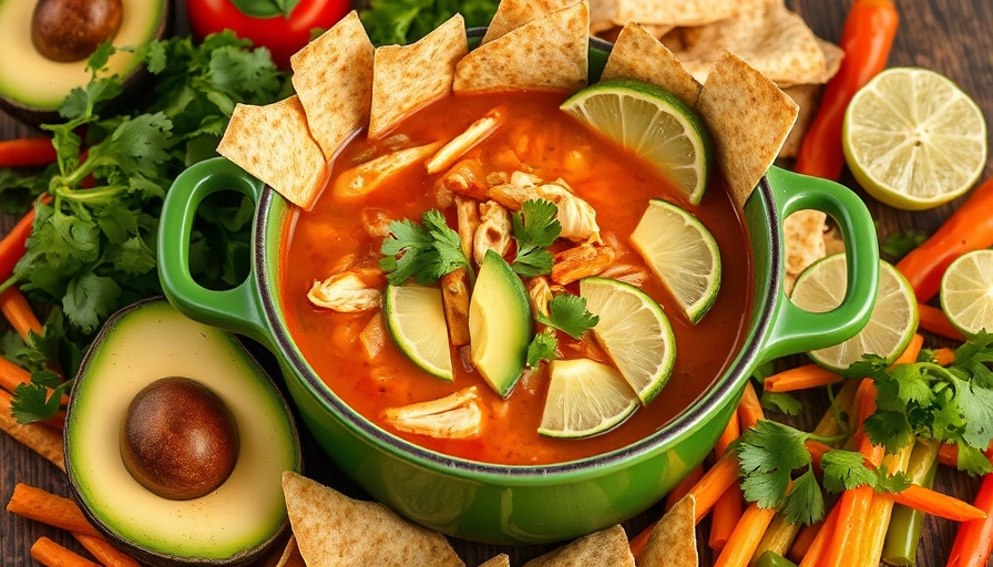 Chicken Tortilla Soup in a pot with fresh toppings and ingredients.