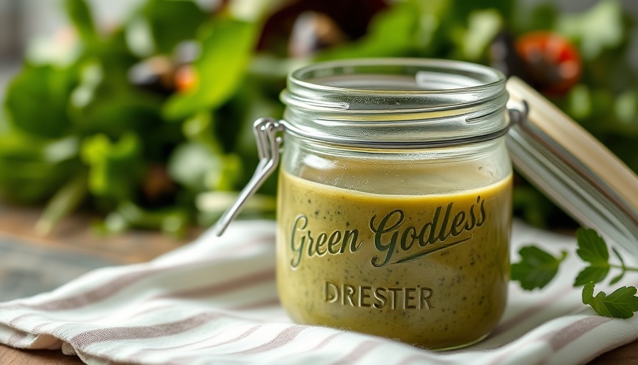 Homemade green goddess dressing in a jar with salad backdrop.