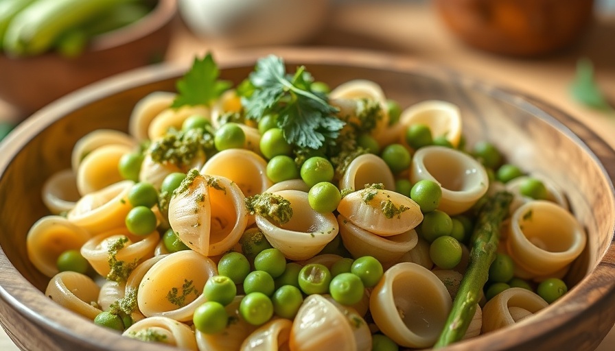Vibrant pasta with pesto and vegetables in wooden bowl.