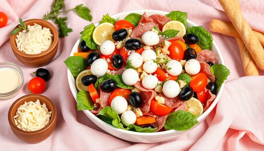 Vibrant no-cook summer meal with Italian salad and ingredients.