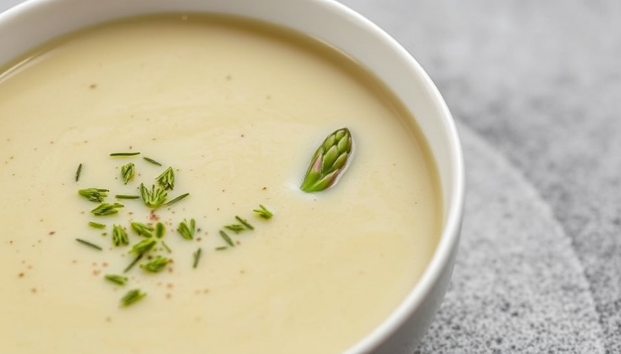 Delicious creamy asparagus soup recipe in a white bowl, garnished.