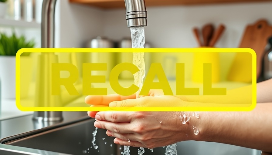Hands under kitchen faucet with recall warning for high lead levels.