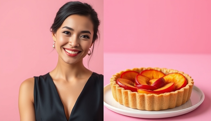 Easy recipes: smiling woman with peach tart, modern style.