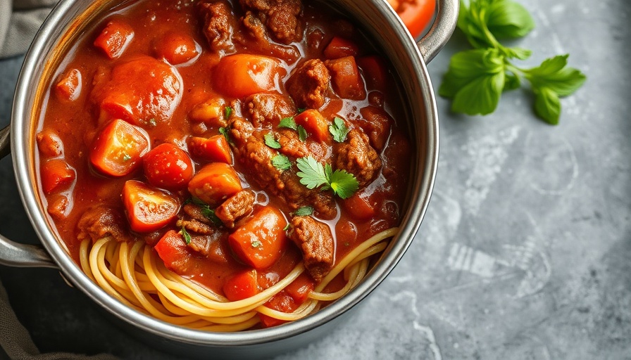 Rich homemade spaghetti sauce in a pot on a rustic counter.