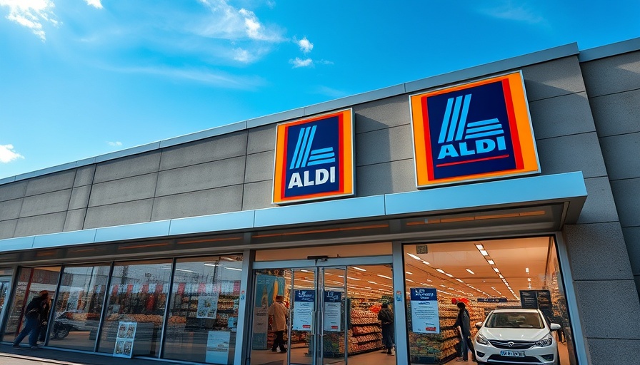 ALDI store entrance under blue sky, highlighting supermarket sign.