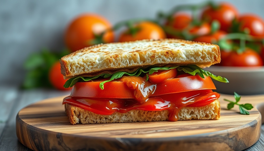 Delicious tomato sandwich with chamoy sauce on a board.