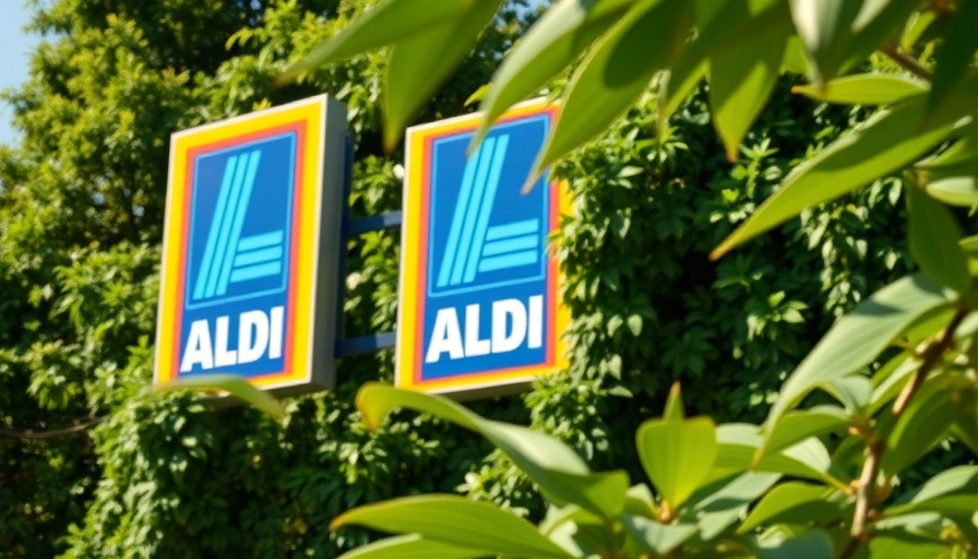 ALDI store sign with lush green foliage background.