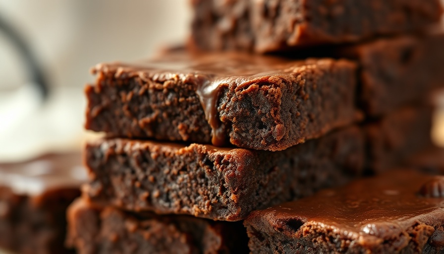 Rich, gooey homemade brownies with chocolate chips stacked, photorealistic.