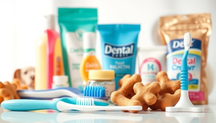 Assorted dental care products for pets displayed, emphasizing cleanliness.