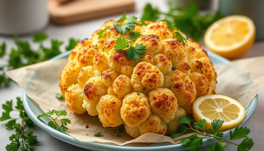 Easy Whole Roasted Cauliflower Recipe with lemon and parsley.