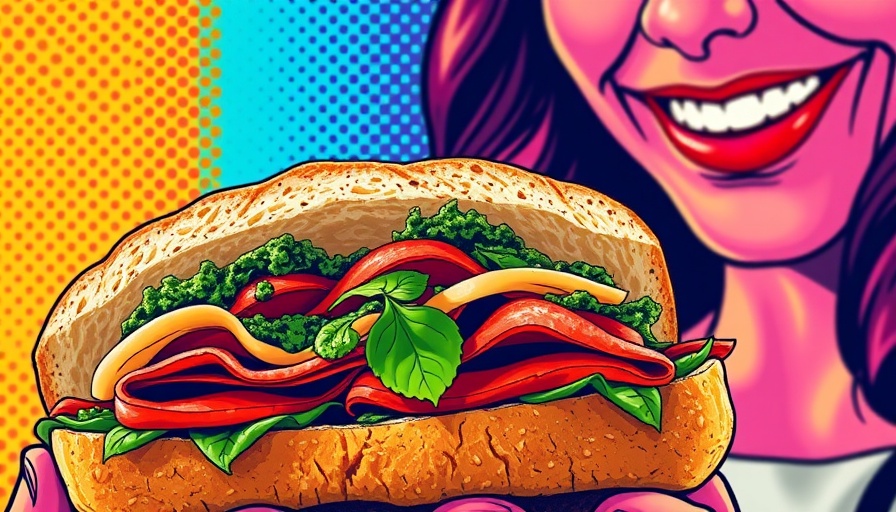 Vibrant close-up of a 5-ingredient sandwich with pesto and a smiling woman, pop art style