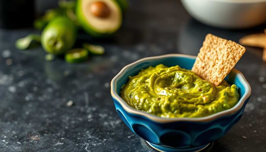 Fresh green guacamole with tortilla chip in bowl