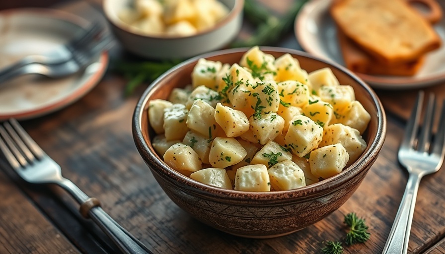 Upgrade potato salad served with fresh herbs in rustic bowl.