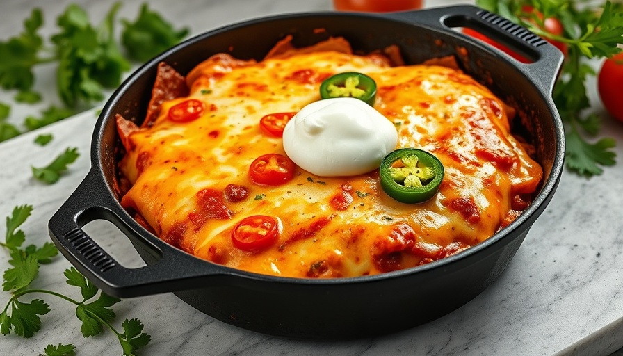 One-Pan Enchilada Skillet in cast iron pan, topped with tomatoes and jalapenos.
