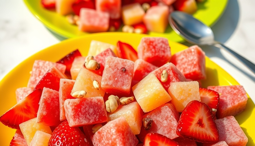 Frozen fruit salad recipe on colorful plates with strawberries and nuts.
