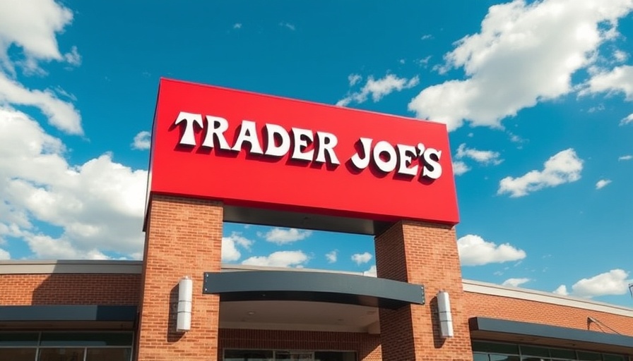 Trader Joe's sign against a blue sky, focus on the logo.